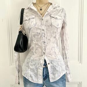 Cruel Y2K Streetwear White Long Button Up Faded Floral Print Logo on Back Size M